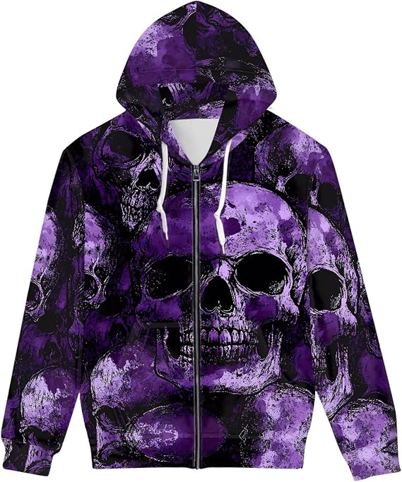 Mens Hoodies Zip up Cool 3D Skull Print Hoodie Long Sleeve Casual Sweatshirts with Pocket - skull hoodie