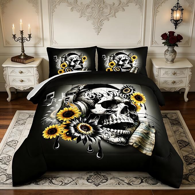 Gothic Bedding Skull Comforter Set Twin Size with 2 Pillowcases. - skull bedding