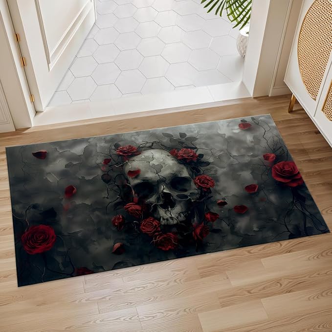 Skull and Roses Gothic Indoor Door Mat, 17x29.5 Inch, Floor Area Rug for Entryway, Living Room, or Bathroom, Non-Slip Doormat, Dark Skull and Crimson Rose Home Decor Rug Gifts - skull toilet mat