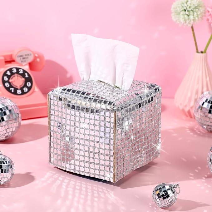 CroBlissful 1 Pc Silver Square Disco Ball Tissue Box Cover, Small - skull toilet paper
