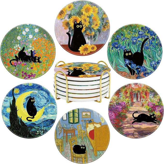FYSUIMU 6Pcs Black Cat Painting Coaster Floral Animal Ceramic Coaster Cute Flower Absorbent Cup Mat for Spring Home Kitchen Party Table Decor - skull coaster