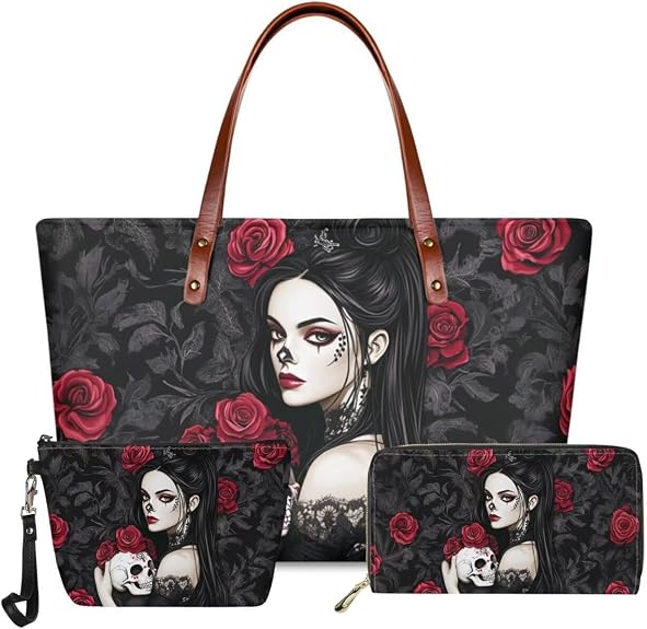GIFTPUZZ Women Top Handle Bags Handbags with Zipper Leather Wallet Cash Card Phone Holder and Makeup Bag Set 3pcs - sugar skull handbags for sale