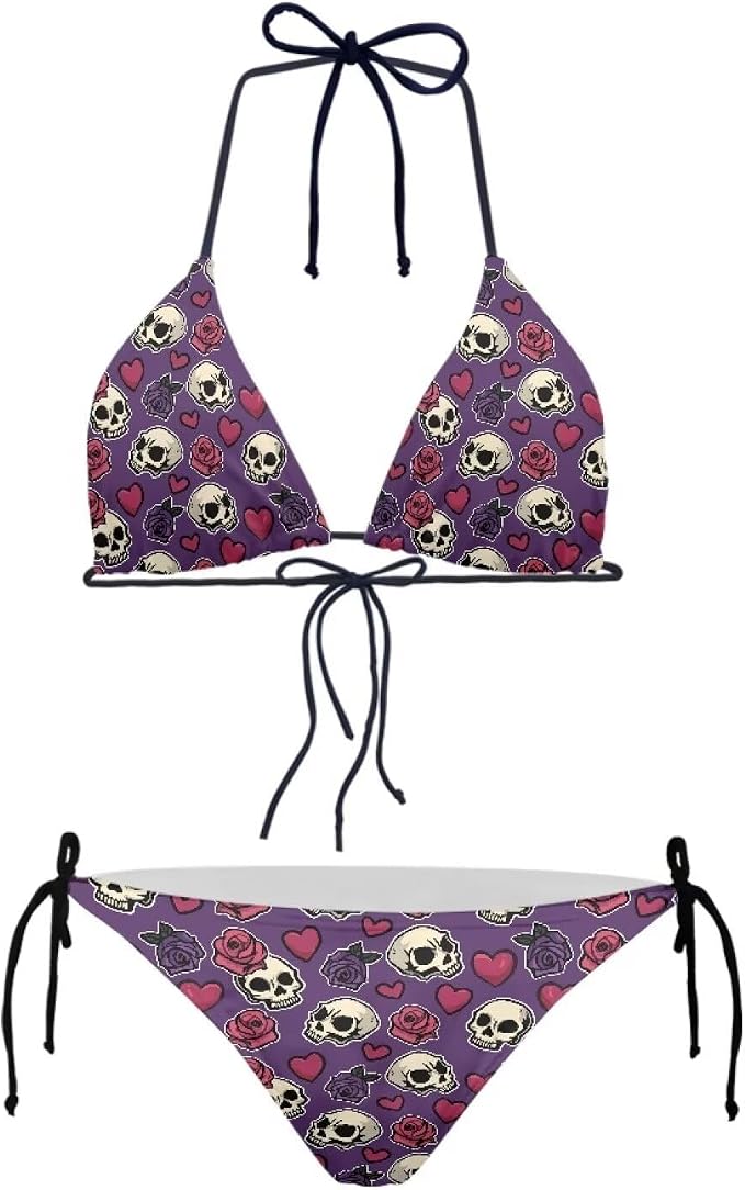 JEOCODY Women's High Waist Halter Bikini Set Two Piece Swimsuits Triangle Bikini Sets - skull swimsuit