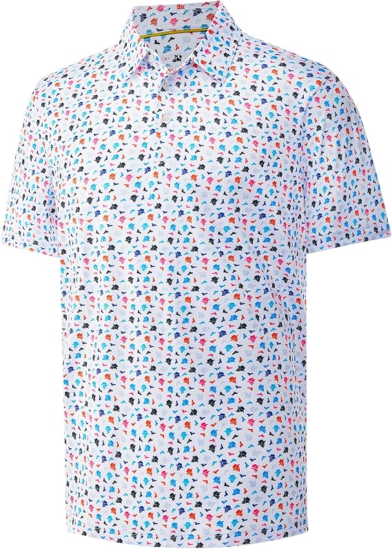 Mens Golf Shirt Moisture Wicking Dry Fit Print Performance Short Sleeve Polo Shirts for Men - skull tshirt