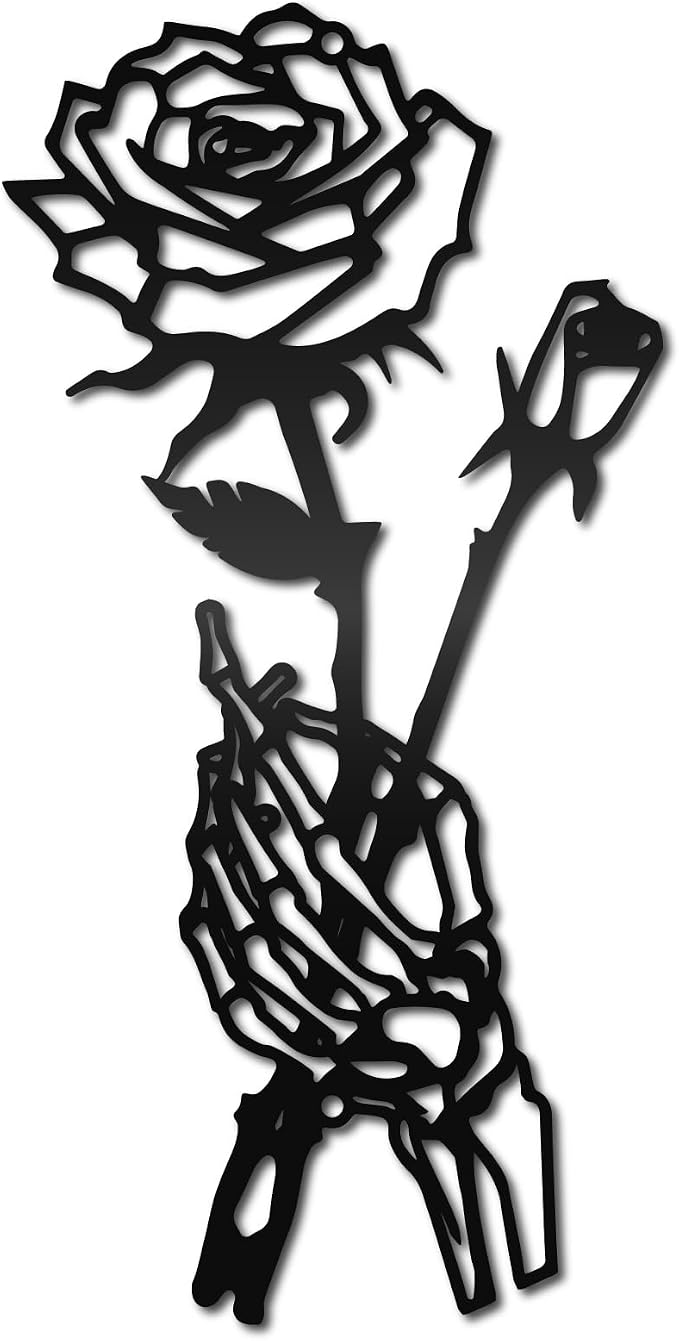 CREATCABIN Skeleton Hand Rose Wall Decor Flower Metal Wall Art Minimalist Halloween Gothic Line Art Skull Unique Love Hanging Sculpture for Wall Valentine's Day Home Decor Black 11.8 x 5.9 inch - skull wall art