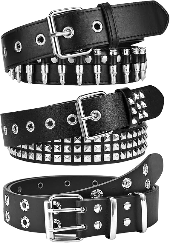 3 Pcs Black Studded Belt Y2K Belt Star Gothic Punk Rock Belts with Grommet Threads Bright Metal Pyramid for Women Men - skull wallet