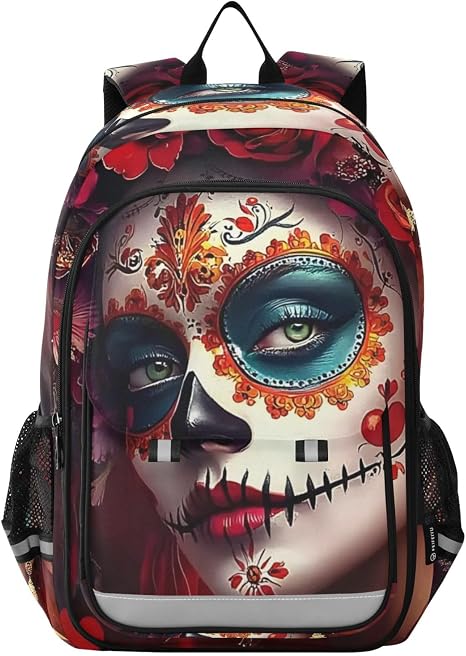 Sugar Skull Woman Backpack Travel Laptop Daypack Shoulder Bag Book Bag Daypack with Reflective Strip 12.9 ×17.7 In - skull backpack