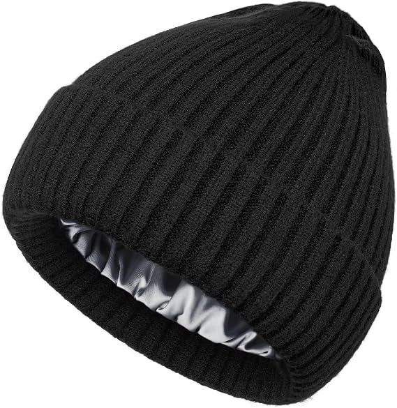 Satin Lined Wool Acrylic Blend Beanie Hat Women Men, Winter Knit Cap - skull watch