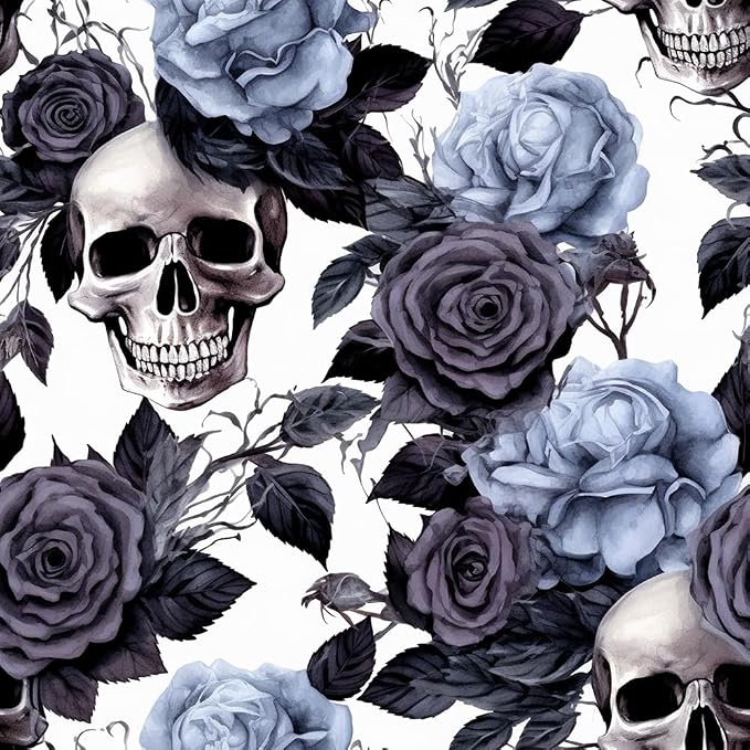 REDAMANCY Black Grey Blue Rose Flower Skull Gothic Modern Peel and Stick Wallpaper Stick on Contact Paper Vintage Wall Paper Easy Peel Off for nightstand Drawer Cabinet Renter - skull carpet