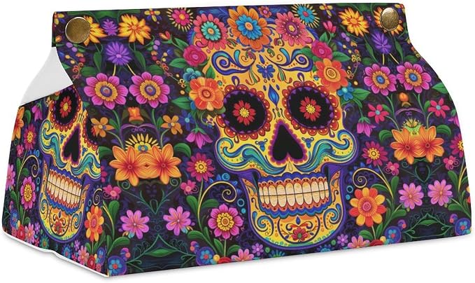 Colorful Sugar Skull Tissue Box Cover, PU Leather Rectangular Tissue Box Case Organizer Holder Vanity Dresser Night Stand Table Countertop Home Office Car 7.7X4.7X4.3'' - skull toilet paper