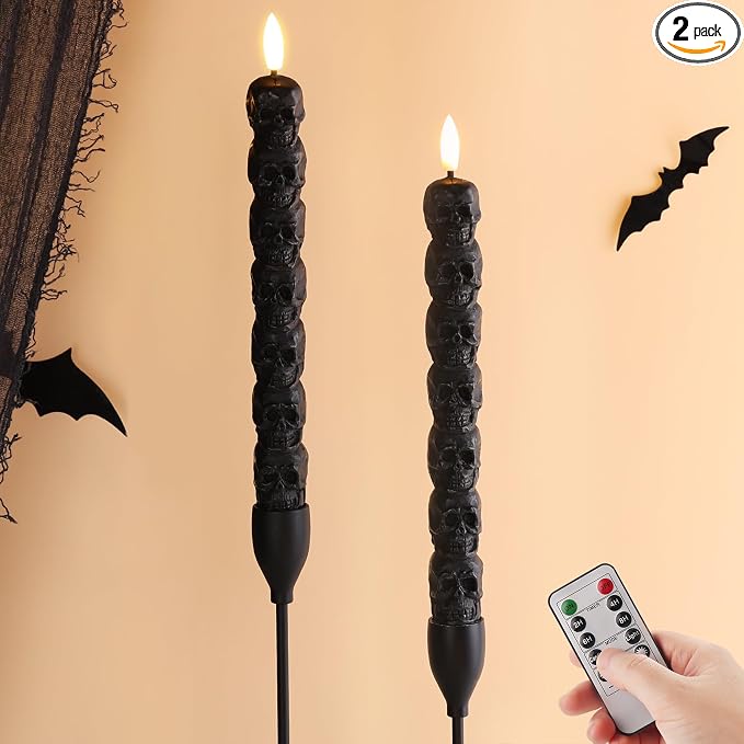 Eywamage Black Skull Halloween Flameless Taper Candles with Remote Set of 2 - skull candle