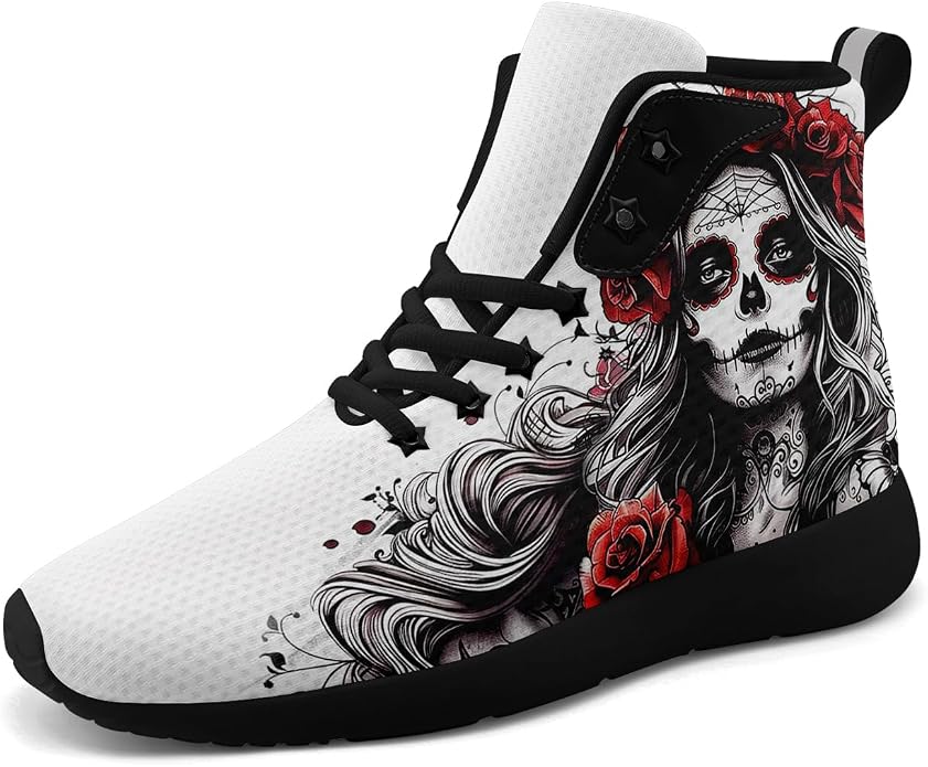 Gothic Witch Lady High-Top Fashion Sneakers, Lightweight Fabric Upper, EVA Sole, Round Toe, Lace-Up Breathable Fashion Shoes - sugar skull boots