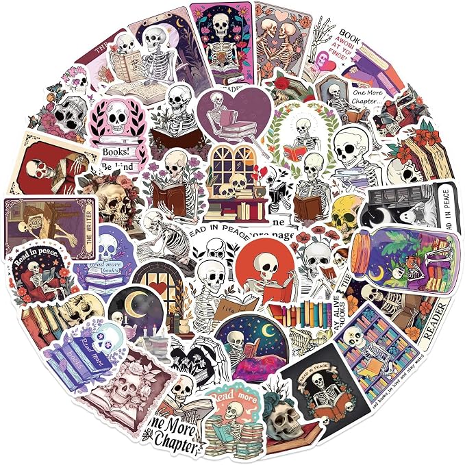 50PCS Bookish Reading Stickers for Kindle Adult,Skull Book Booktok Stickers for Case Journal Water Bottle Gift Laptop Phone Funny Aesthetic Skeleton Decal Decor (skullR) - skull sticker