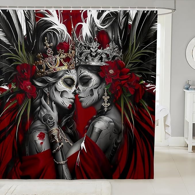 Erosebridal Sugar Skull Couple Bathroom Shower Curtain Sets 72" Wx72 L,Vintage Rose Love Shower Curtain,Gothic Skeleton Lover Fabric Shower Curtain Valentine's Day Gift Waterproof Bathroom Curtains - skull toilet mat