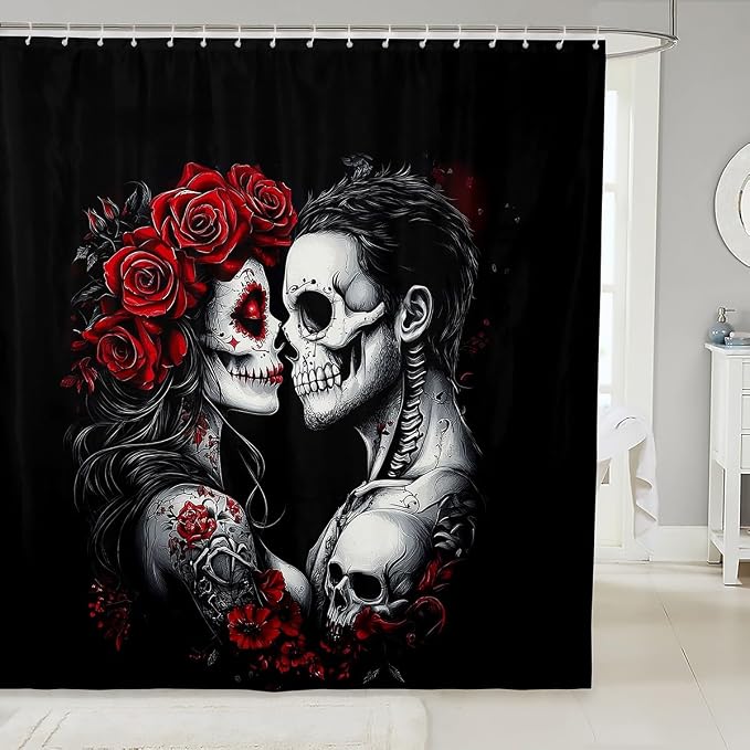 Erosebridal Sugar Skull 72" Wx72 L Shower Curtain,Gothic Skeleton Floral Bathroom Shower Curtain Sets,Romantic Death Love Fabric Shower Curtain,Spooky Rose Valentine's Day Decor for Couple Women Men - skull toilet mat