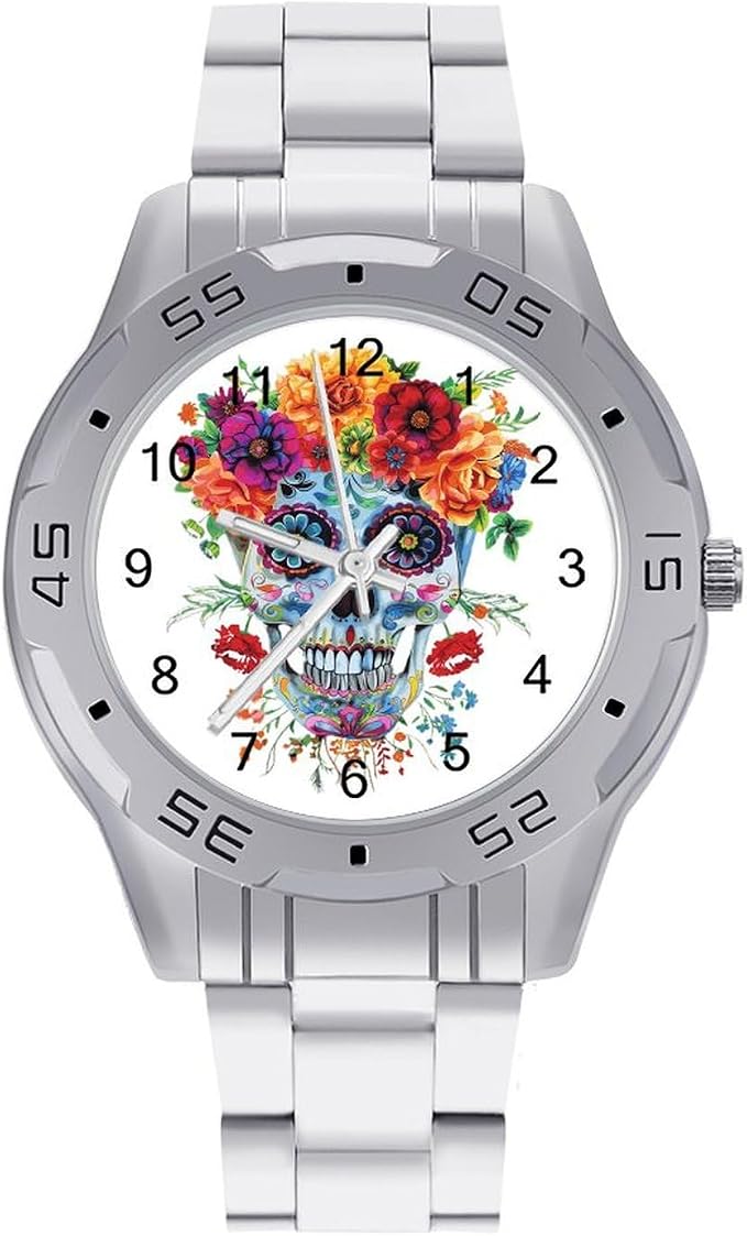 Day of The Dead Sugar Skull Men's Business Watch Fashion Stainless Steel Wristwatches Custom Easy Read Watches for Women - skull watch