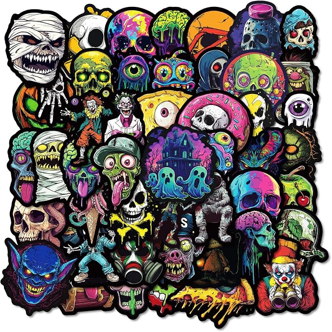 50 Pieces Gothic Horror Stickers for Laptop Water Bottle, Cool Skull Monster Stickers for Scrapbook Luggage Guitar Skateboard Bicycle Car, Thriller Vinyl Stickers Decals - skull sticker