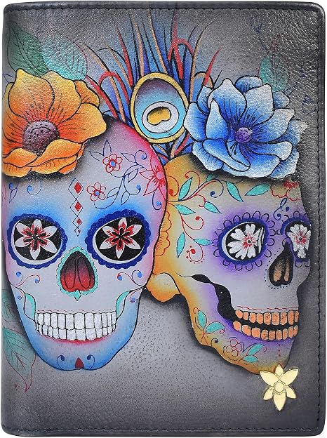 Anuschka Women’s Original Genuine Leather Hand-Painted RFID Organizer - Calaveras de Azúcar - sugar skull handbags for sale