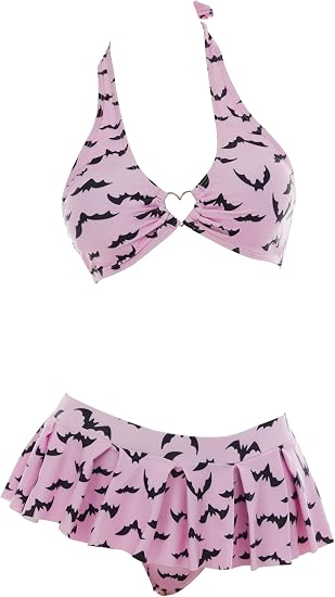 MEOWCOS Women's Bikini Sets Goth Bathing Suit Two-Piece Swimsuit with Gothic Bat Print Pink - skull swimsuit