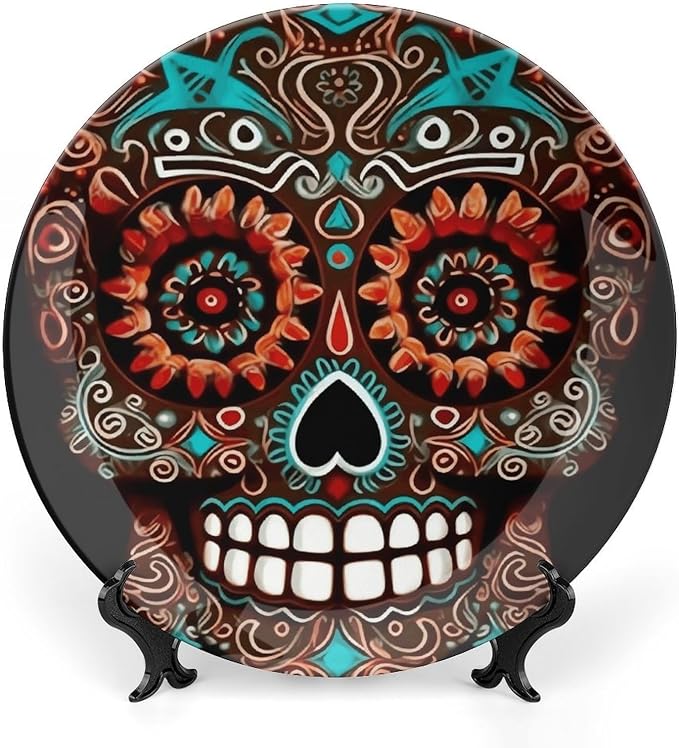 Sugar Skulls Day of The Dead Decorative Plates Bone China Plate for Display Ceramic Dinner Plates for Table Dessert Plate with Display Stand for Home Decoration Living Ornament 6inch - skull plate