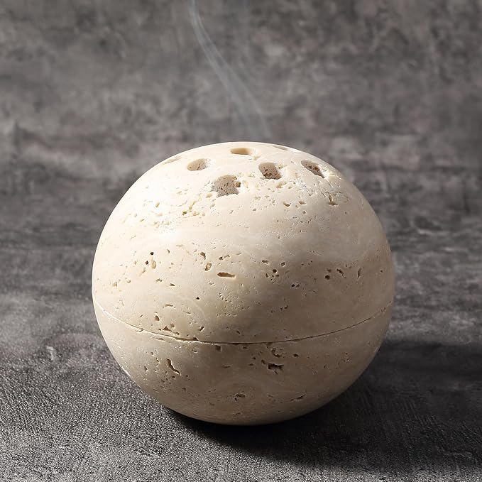 Koville Natural Travertine Incense Burner, Stone Incense Holder for Cone/Balsam Fir/Palo Santo/Sage, Handmade Sphere Marble Incense Burner for Meditation Yoga SPA Relaxation, Home Decor(Beige) - skull incense burner