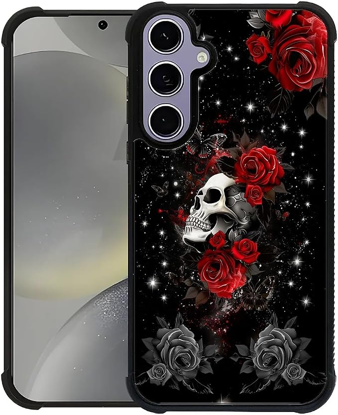 Compatible with Samsung Galaxy S24 Case, Skull Red Rose Pattern Print Phone Case Durable Fashion Funny Liquid Silicone Case Soft Anti-Scratch Shockproof Protective Cover - Skull phone case