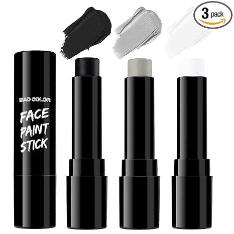 BADCOLOR 3PCS Black White Grey Face Body Paint Stick Makeup for Skull Skeleton Goth Mime SFX Cosplay & Dress Up, Full-Coverage Halloween Facepaint Makeup Kit - sugar skull makeup