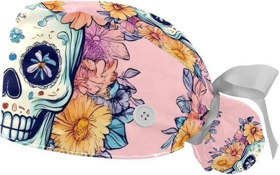 2 Pcs Working Cap with Button Art Sugar Skulls in Flower Wreaths Adjustable Ponytail Pouch Hats for Women - skull wreath