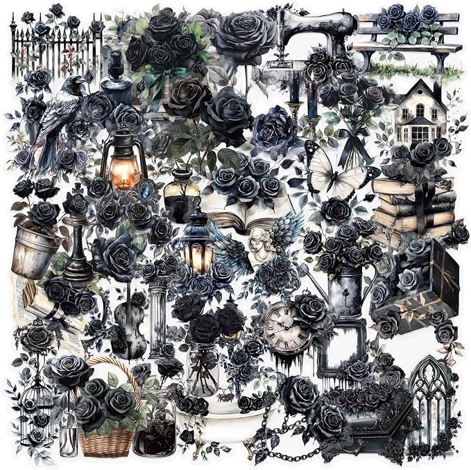 50PCS Transparent Dark Gothic Stickers, Vintage Black Rose Stickers - skull sticker