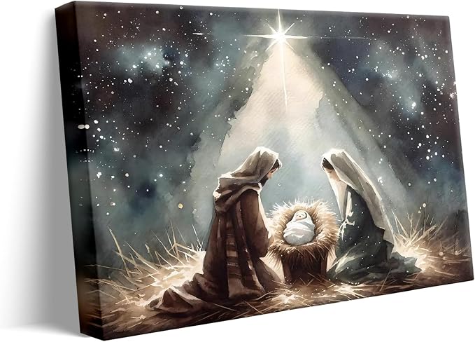 Beautiful Christmas Canvas Wall Art, Holy Family and Star Canvas Print Poster, Spiritual Nativity Christmas Oil Painting, Timeless Religious Artwork, Radiant Pictures Decoration, Framed 24x30inch - skull wall art