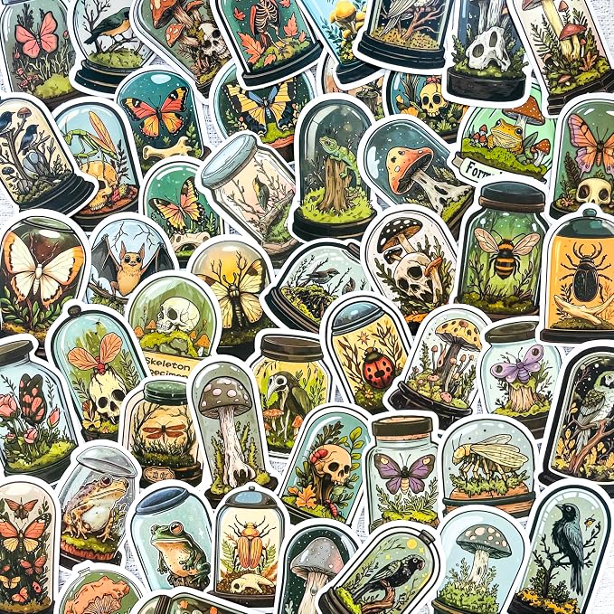 50 Pcs Vintage Gothic Stickers – Mystic Mushrooms, Skulls, Butterflies, Insects & Birds in Cloche Bottle Stickers for Journals, Scrapbooks, Phone Cases, Laptops, Halloween Projects - skull sticker