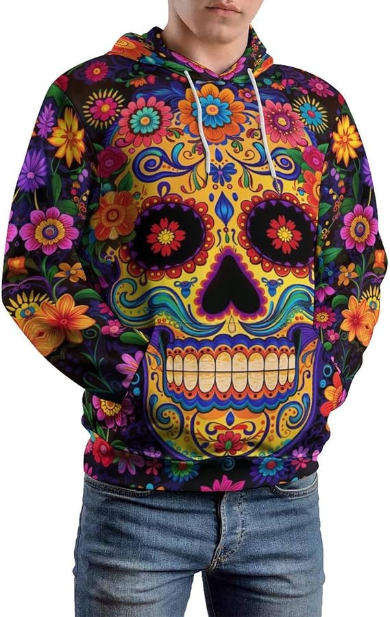 Colorful Sugar Skull Unisex Hoodies Hooded Sweatshirt with Big Pockets - skull hoodie
