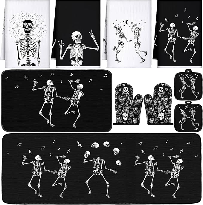 Fourluoo 10 Pcs Halloween Kitchen Decor Set Skeleton Kitchen Accessories