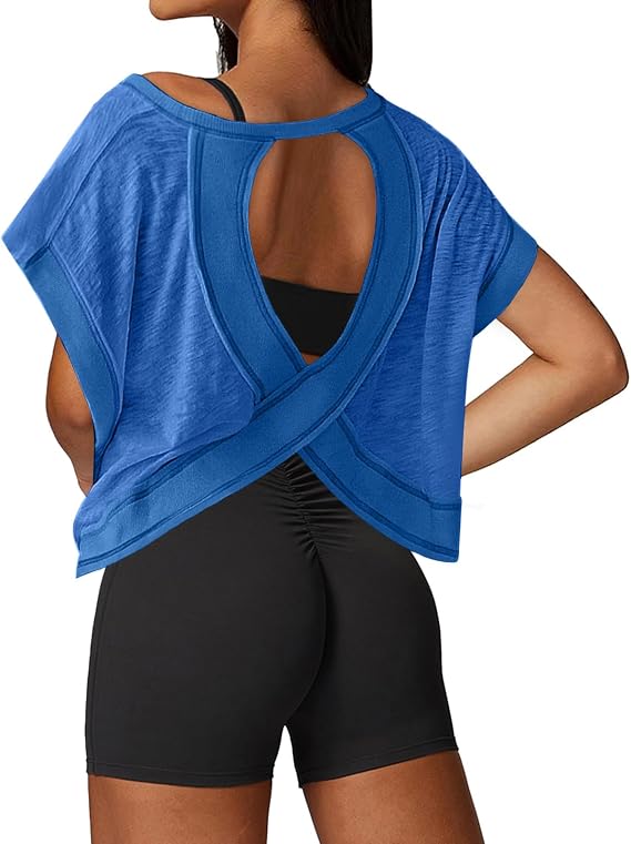 UNIANKIYA Open Back Workout Tops for Women Loose Fit Athletic Crop Tee Short Sleeve Gym Running Yoga Shirt - skull tank tops
