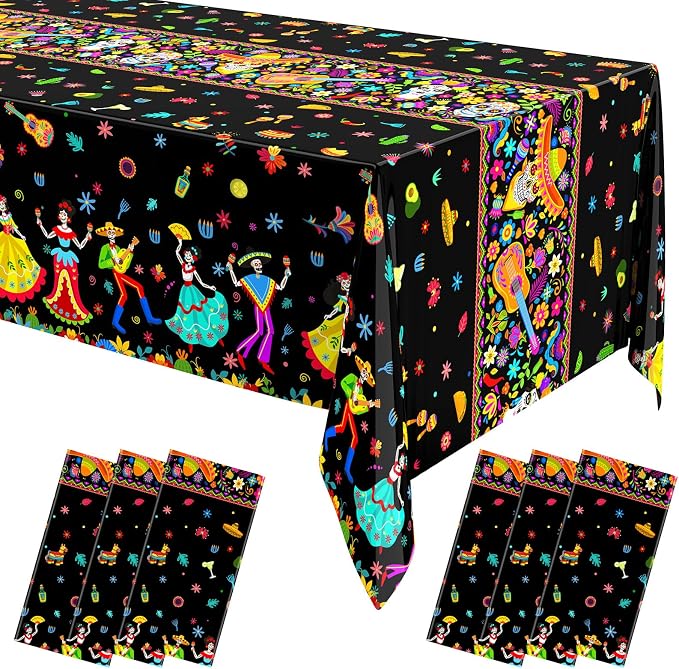 6 Pcs 108x54 Day of The Dead Plastic Tablecloth, Mexican Skull Floral - skull plate