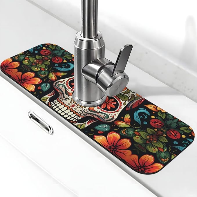 Colorful Sugar Skull Faucet Mat For Kitchen Sink 1 Pc Super Absorbent Fast Drying Mat Sink Splash Guard Faucet Mat For Home Bathroom Kitchen Counter 5.5"×15" - skull toilet mat