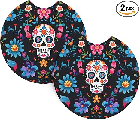 2PCS Mexican Sugar Skulls Flowers Print Car Cup Holder Coasters,Anti Slip Rubber Mat with Finger Notch for Women Men 2.7 inche - skull coaster