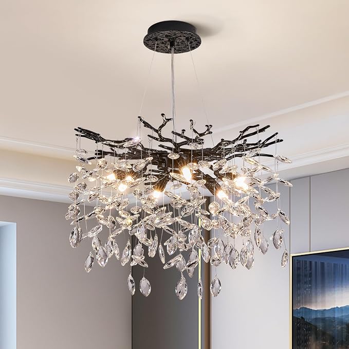 Modern Tree Branch Crystal Chandelier Luxury Black Crystal Pendant Lighting 18″ Contemporary 6-Light Chandeliers for Dining Room Kitchen Bedroom Living Room