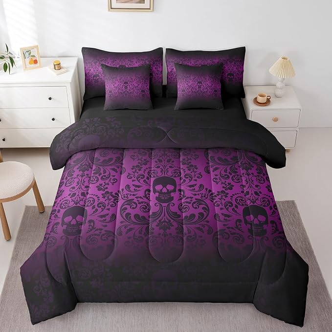 Erosebridal Damask Gothic Comforter Set 7 Piece Bed in A Bag Twin - skull bedding
