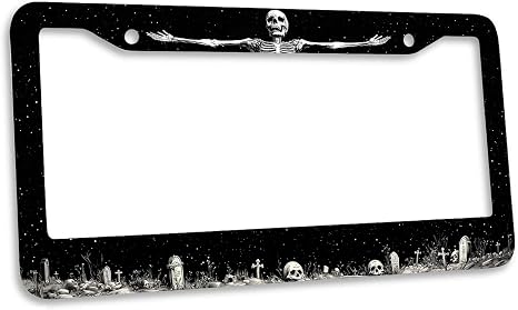 Halloween Skull License Plate Frame Black White Cemetery Gothic Skeleton Car Front License Plate Personalise Auto Parts Funny License Plate Frames DecorationSize for Men Women 12.2"x6.2" 1PC - skull plate