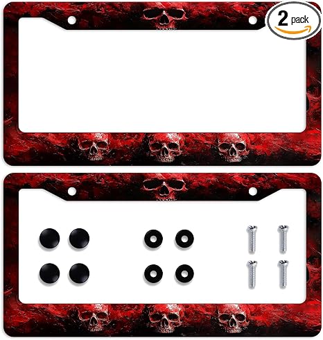 Red Skull License Plate Frame Gothic Skull Horror Halloween License Plate Frames Personalise Stainless Steel Funny Design Compatible with Standard License Plate Holder for USA Canada 12.2"x6.2" 2PC - skull plate