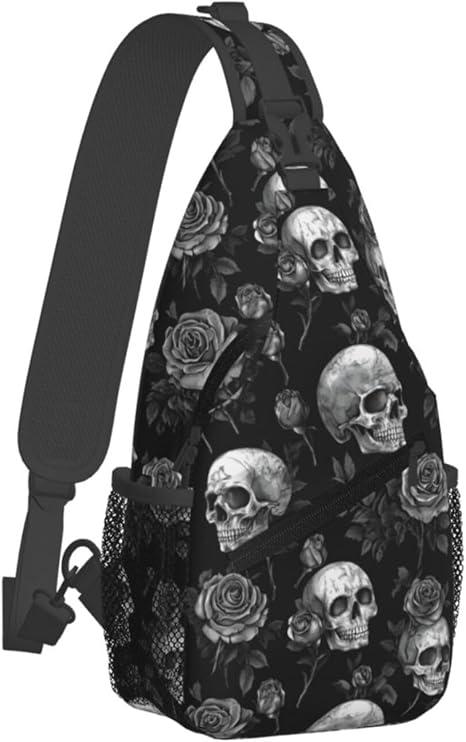Gothic Skull & Rose Sling Backpack Hiking Backpack Crossbody Bag Sports Lightweight And Durable Chest Bag Shoulder Bag For Women Men - skull suitcase
