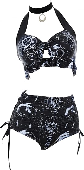 MEOWCOS Goth Bikini Swimsuit Witch Bathing Suit Dark Style Star Moon Gothic Swimsuit - skull swimsuit