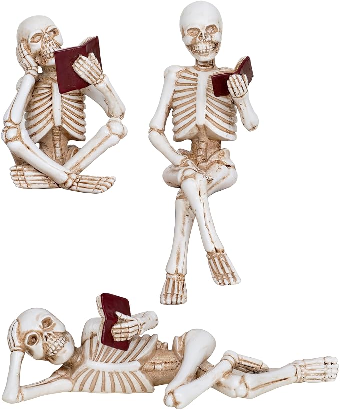 3 Piece Halloween Indoor Decor Figurines Sitting Skeleton Statue Halloween Decorations mini Reading Skull Figurine Home Decor for Living Room Table Shelf Ornament - skeleton