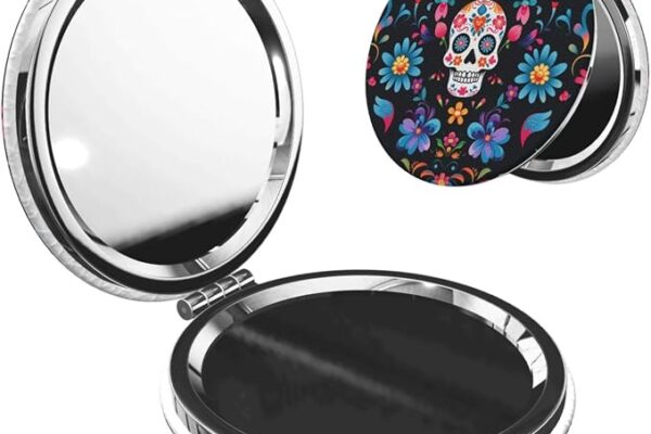 Mexican Sugar Skulls Flowers Print Foldable Travel Pocket Mirror Round PU Leather Portable Mini Makeup Double Sided Handheld Magnifying,2.6 in