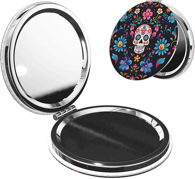 Mexican Sugar Skulls Flowers Print Foldable Travel Pocket Mirror Round PU Leather Portable Mini Makeup Double Sided Handheld Magnifying,2.6 in - sugar skull handbags for sale