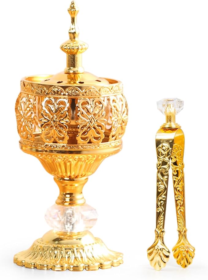 Gold Incense Burner Holder, Bakhoor Frankincense Charcoal Censer Resin Stand with Tongs, Ideal for Aromatherapy Yoga Spa, Home Christian Church Decor - skull incense burner