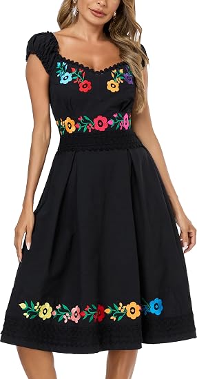 Women's Mexican Dress Embroidered Causal Lace Party Dress - sugar skull dress