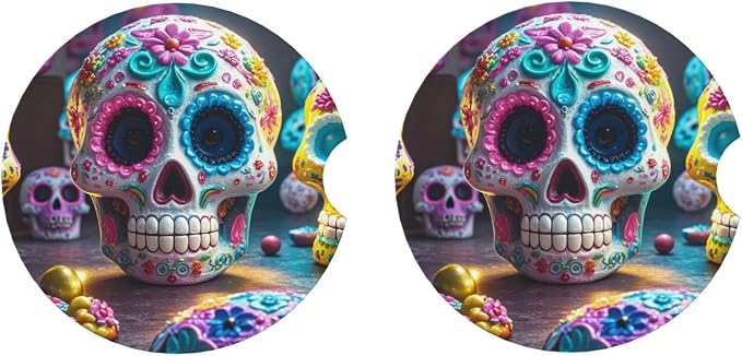 Ceramic Coasters for Drinks White Drink Coasters with Metal Holder Sugar Skulls Ceramic Coaster Set of 2 Tabletop Protection Mat for Home Decor - skull coaster