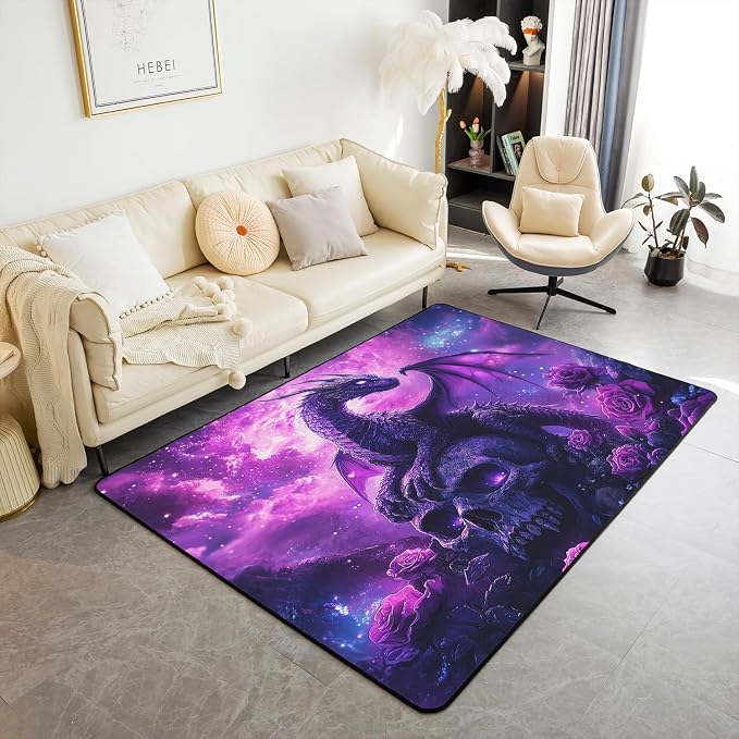 Erosebridal Dragon Area Rug 3x5, Gothic Purple Rose Skull Dragon Indoor Floor Mat for Kids Boys Men, Western Fantasy Animal Non Slip Rectangular Carpet, Magical Nebulas Decorative Rug for Living Room - skull carpet